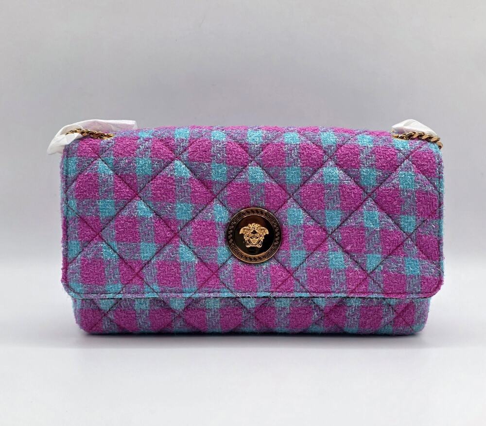 Versace La Medusa Quilted Tweed Shoulder Bag Pink Blue Gold Chain Authentic